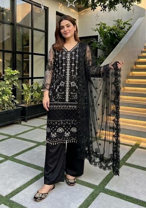 Black Sequin Work Net Sharara Set