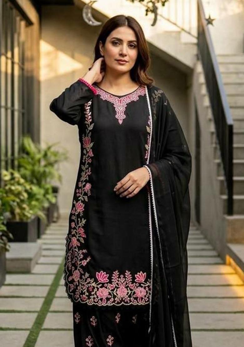 Black Embroidered Silk Salwar Kameez - Indya