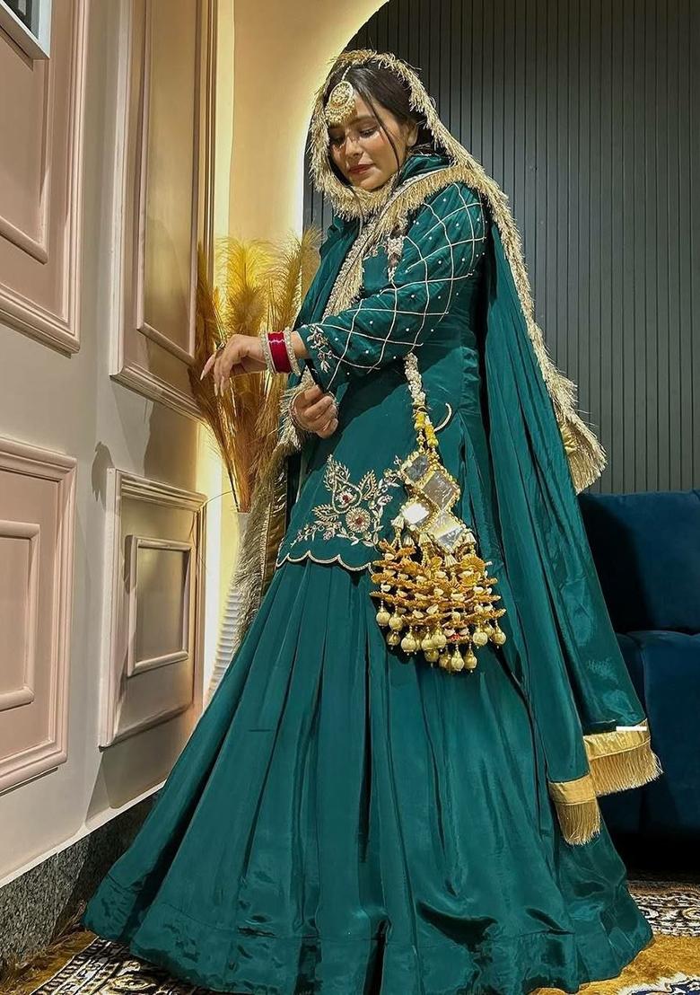 Teal Green Sequin Work Silk Sharara Set - Indya