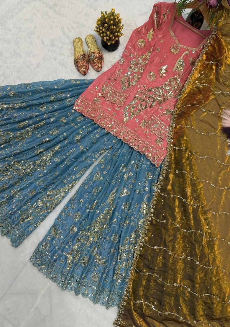 Pink Sequin Work Silk Sharara Set - Indya