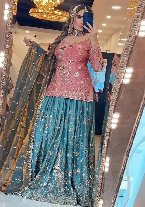 Pink Sequin Work Silk Sharara Set