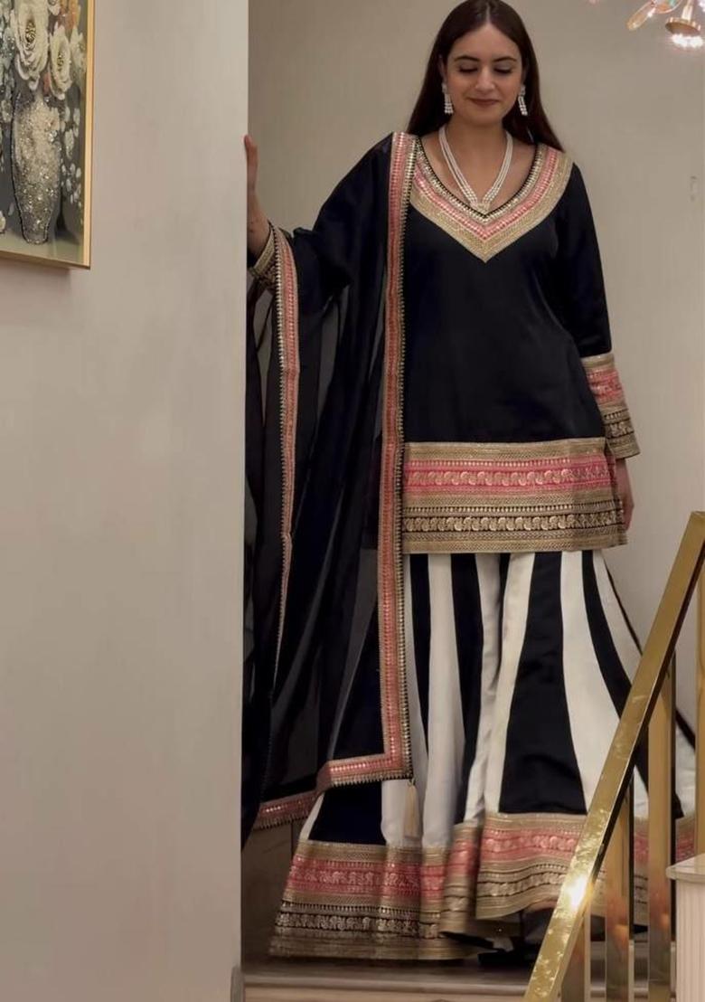 Black Embroidered Silk Sharara Set - Indya