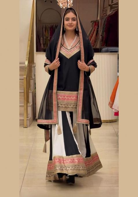 Black Embroidered Silk Sharara Set
