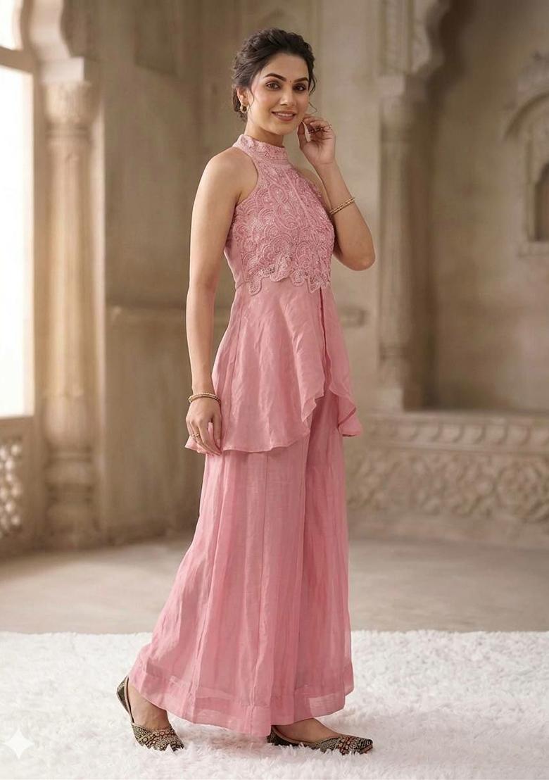 Pink Beads Work Fandi Sharara Set - Indya