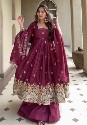 Maroon Embroidered Silk Anarkali Set