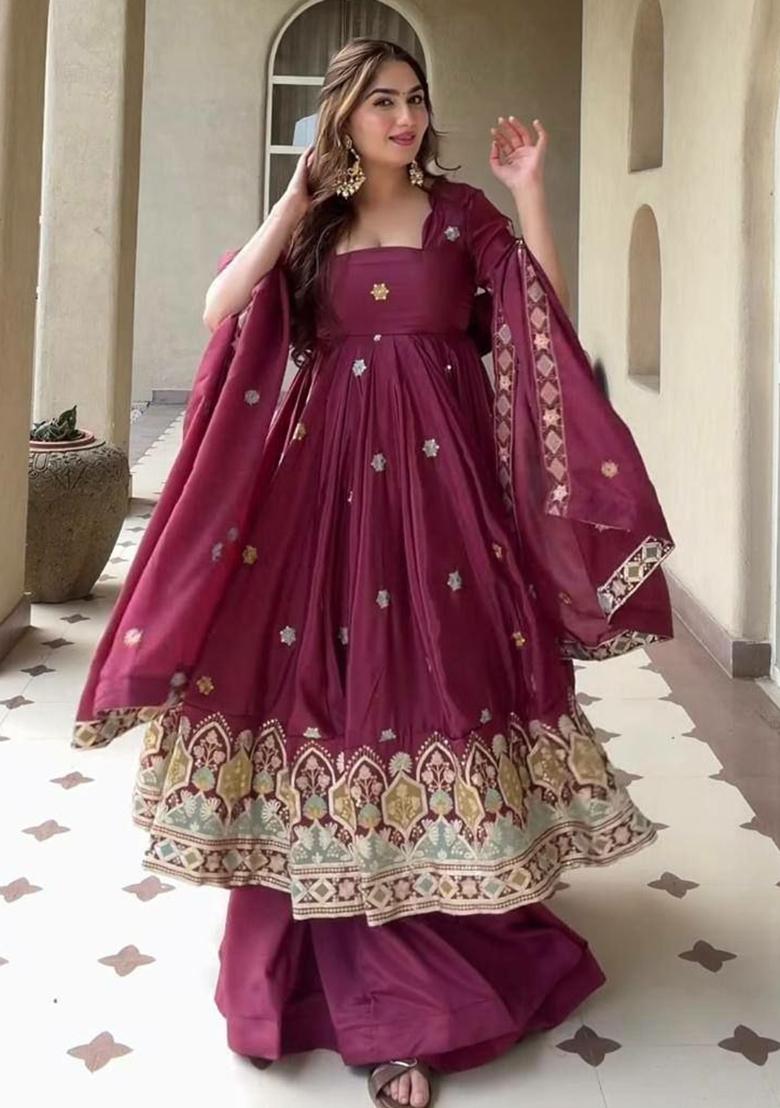 Maroon Embroidered Silk Anarkali Set - Indya