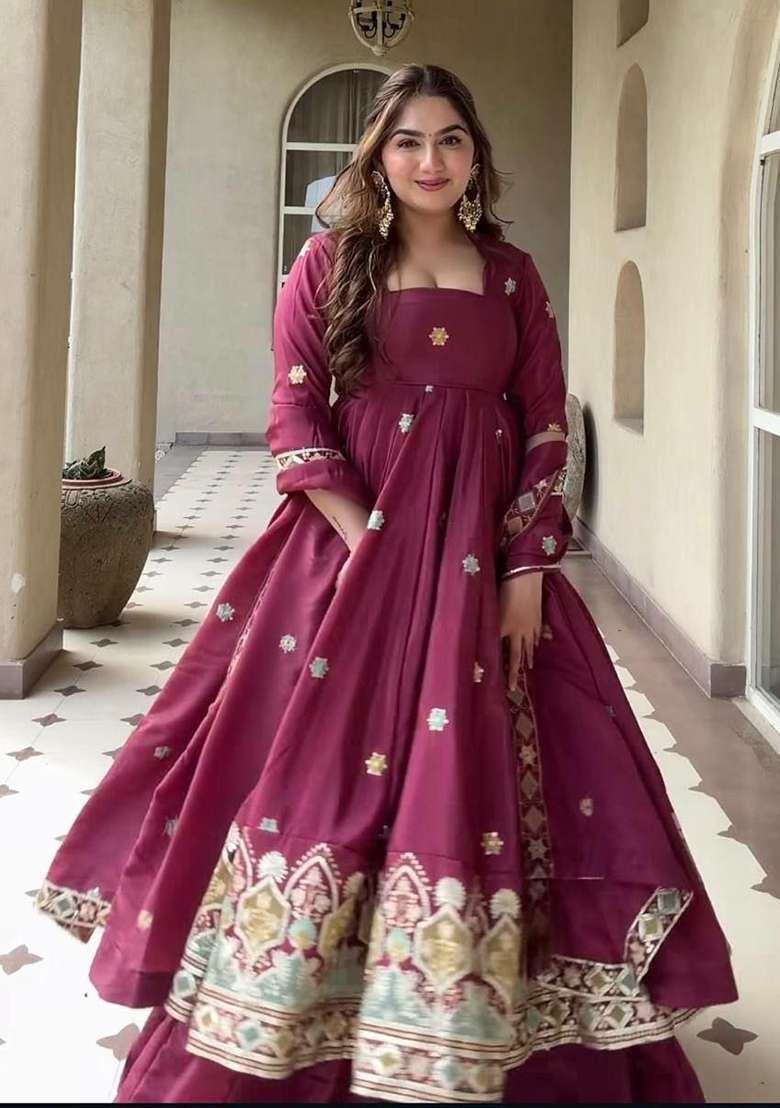 Maroon Embroidered Silk Anarkali Set - Indya