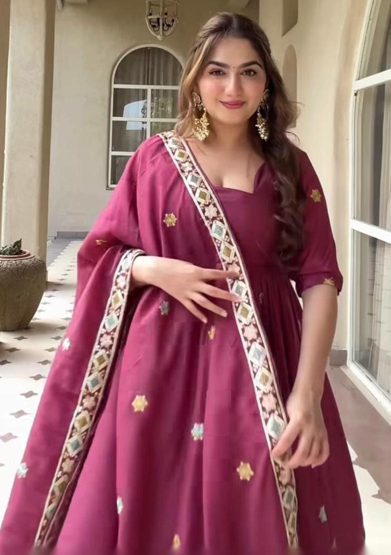 Maroon Embroidered Silk Anarkali Set - Indya
