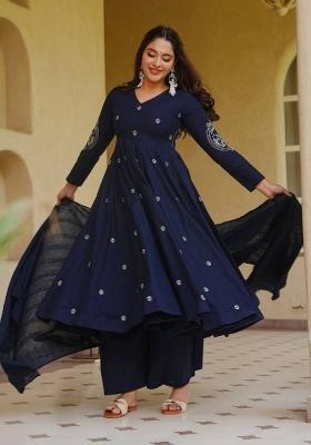 Blue Embroidered Silk Anarkali Set
