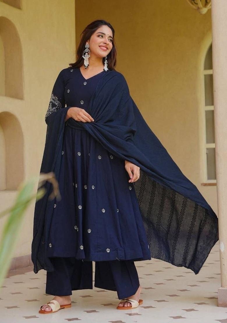 Blue Embroidered Silk Anarkali Set - Indya