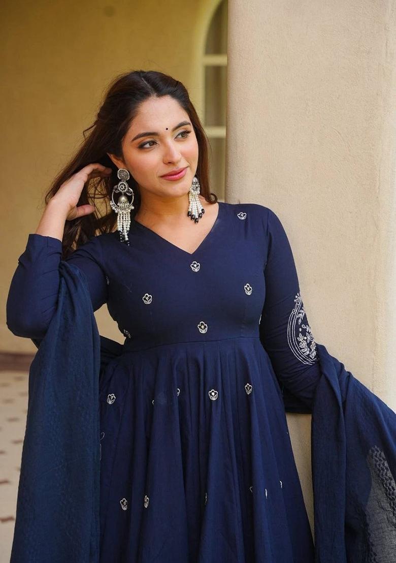 Blue Embroidered Silk Anarkali Set - Indya