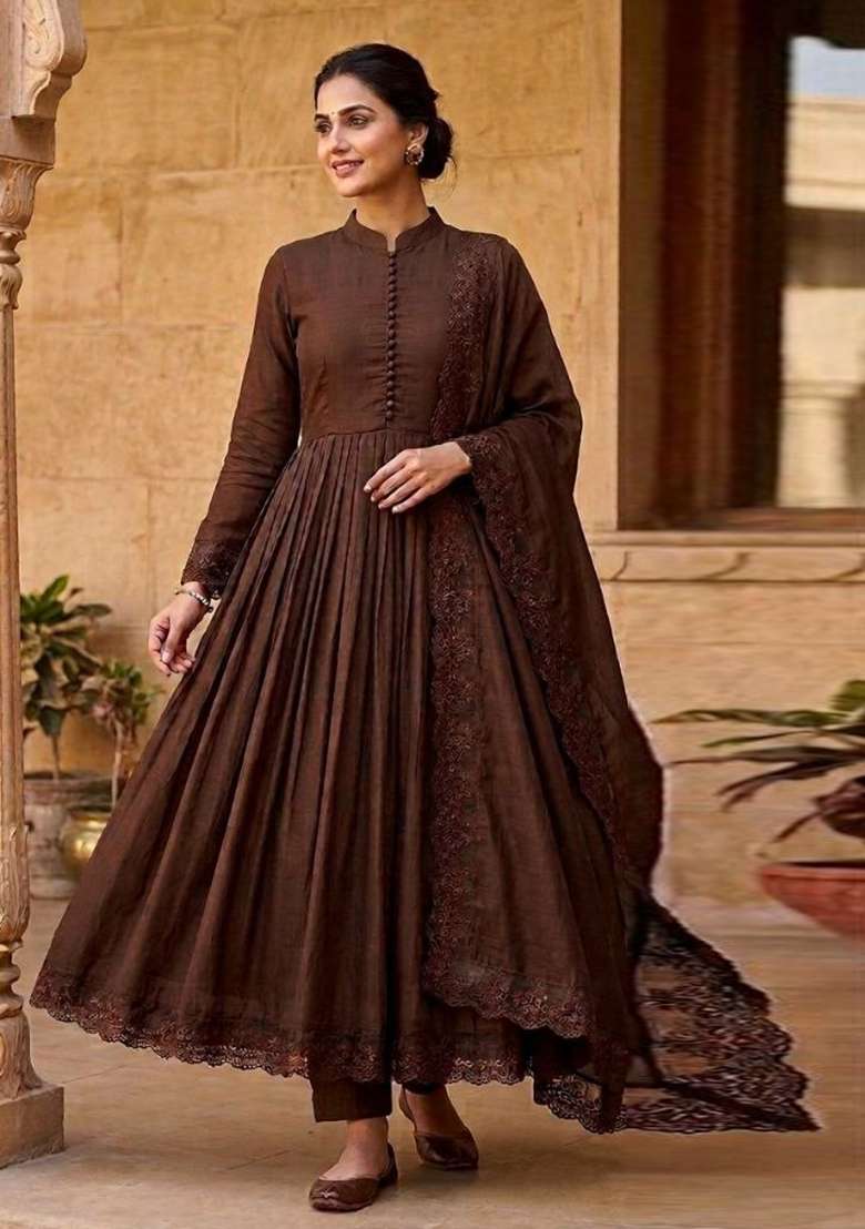 Brown Embroidered Silk Anarkali Set - Indya