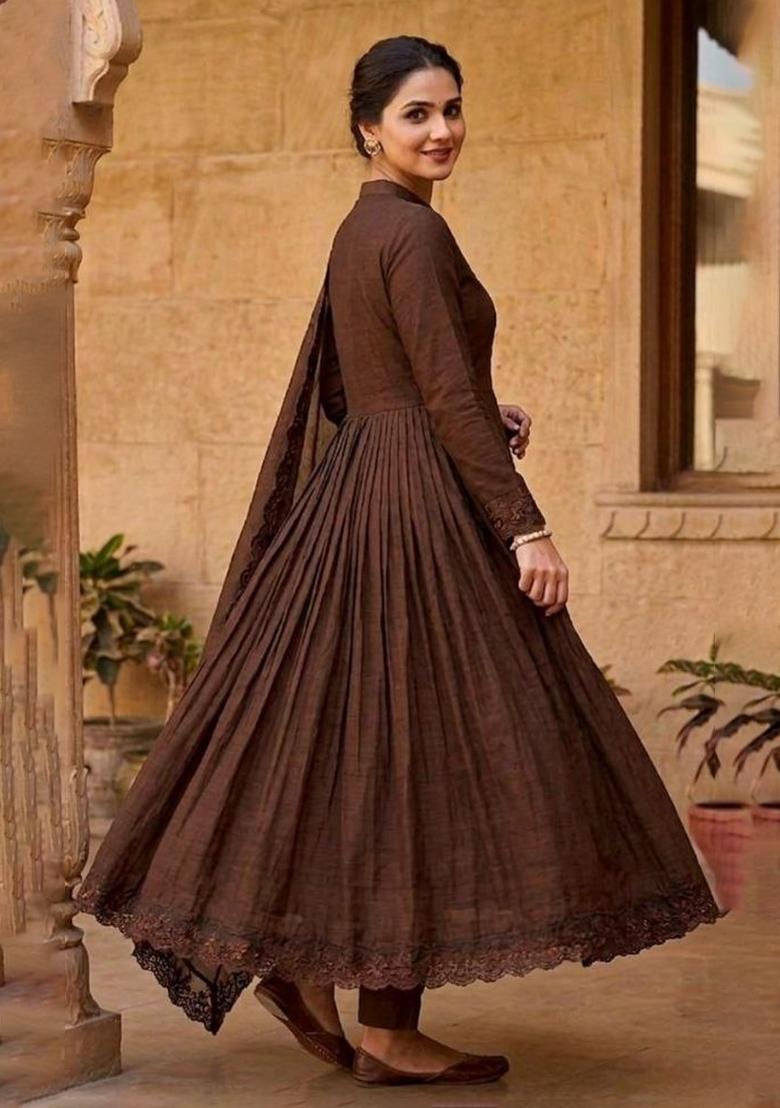 Brown Embroidered Silk Anarkali Set - Indya