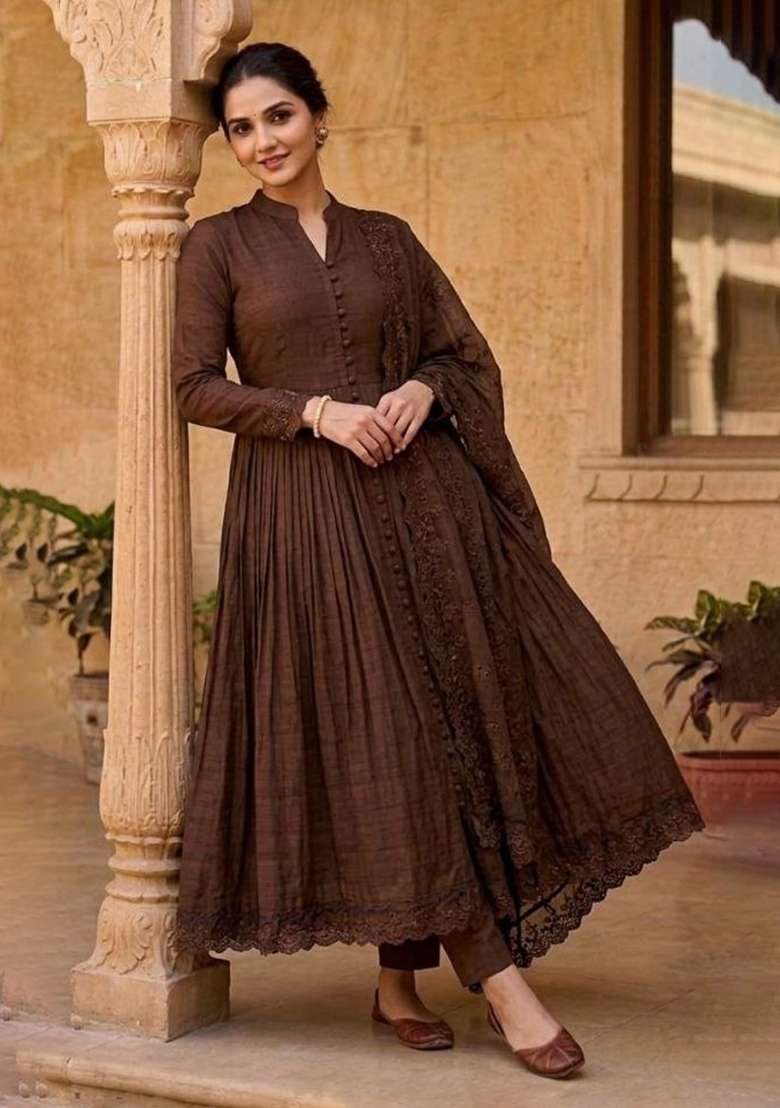 Brown Embroidered Silk Anarkali Set - Indya