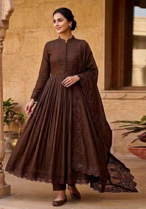 Brown Embroidered Silk Anarkali Set