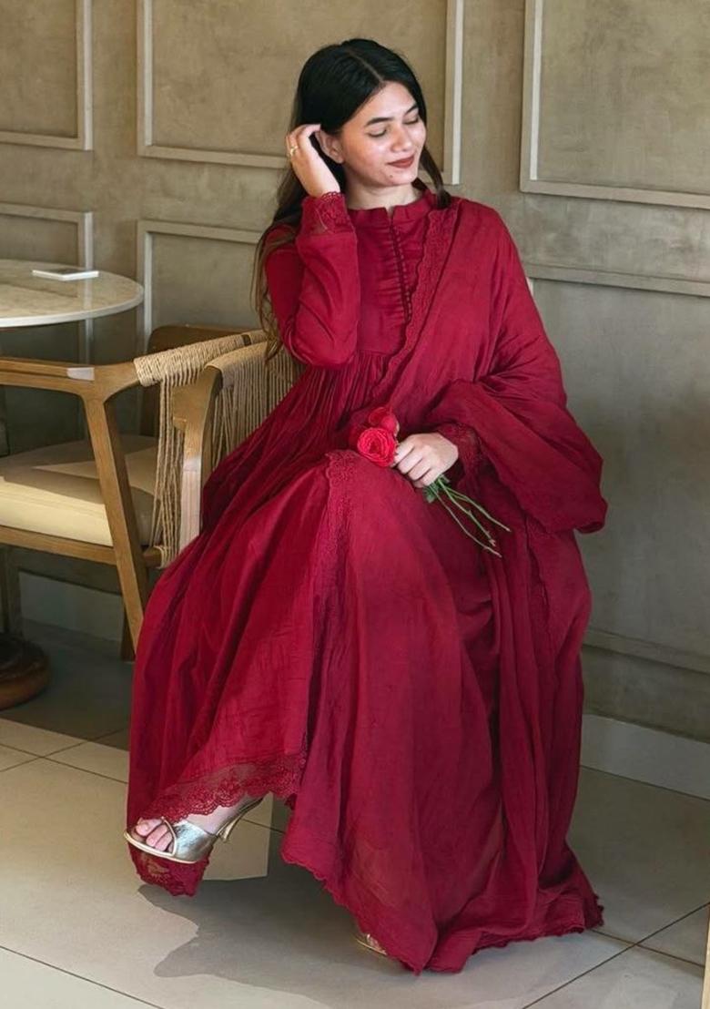 Wine And Red Embroidered Silk Anarkali Set - Indya