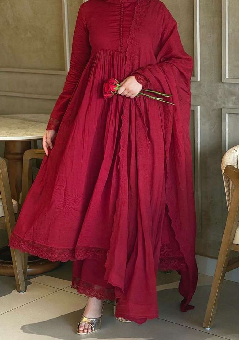 Wine And Red Embroidered Silk Anarkali Set - Indya
