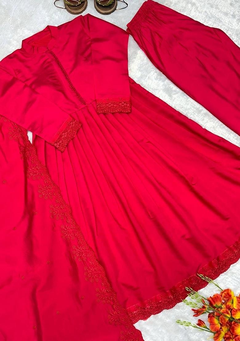 Wine And Red Embroidered Silk Anarkali Set - Indya