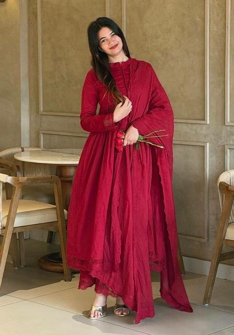 Wine And Red Embroidered Silk Anarkali Set