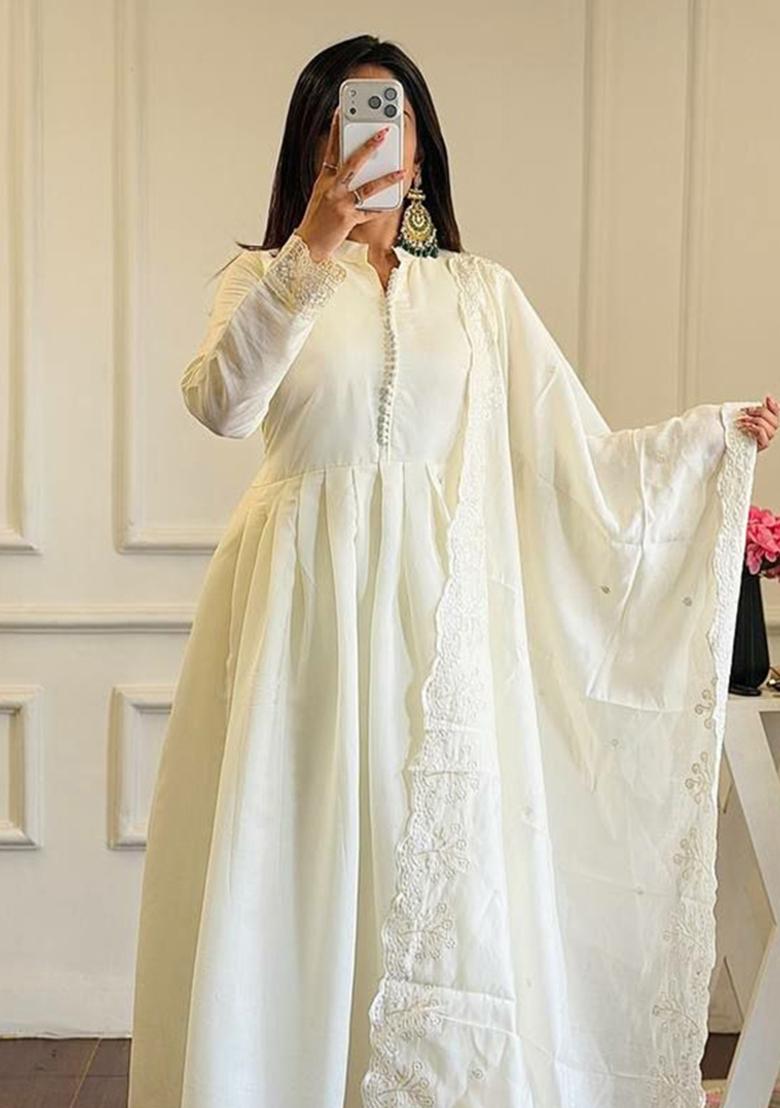 White Embroidered Silk Anarkali Set - Indya