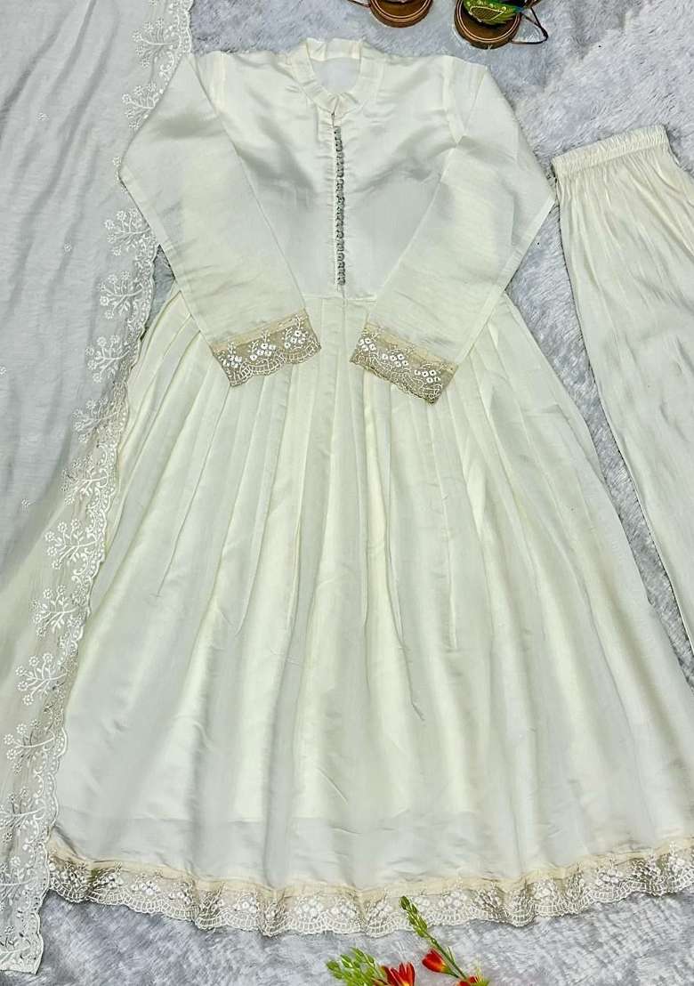 White Embroidered Silk Anarkali Set - Indya