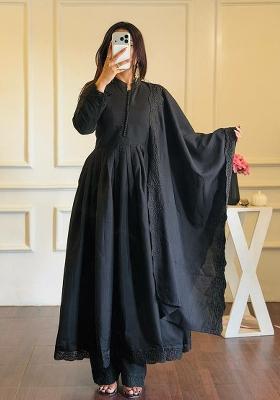 Black Embroidered Silk Anarkali Set