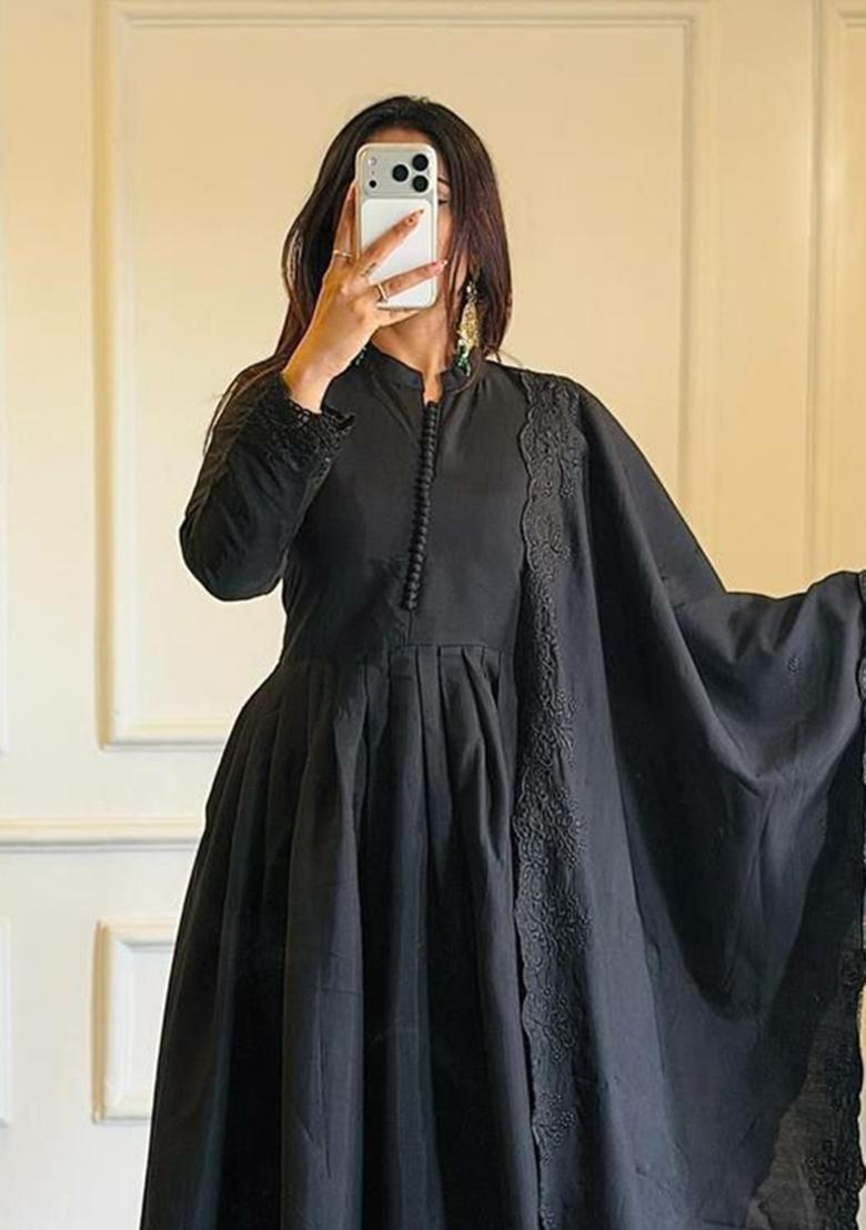 Black Embroidered Silk Anarkali Set - Indya