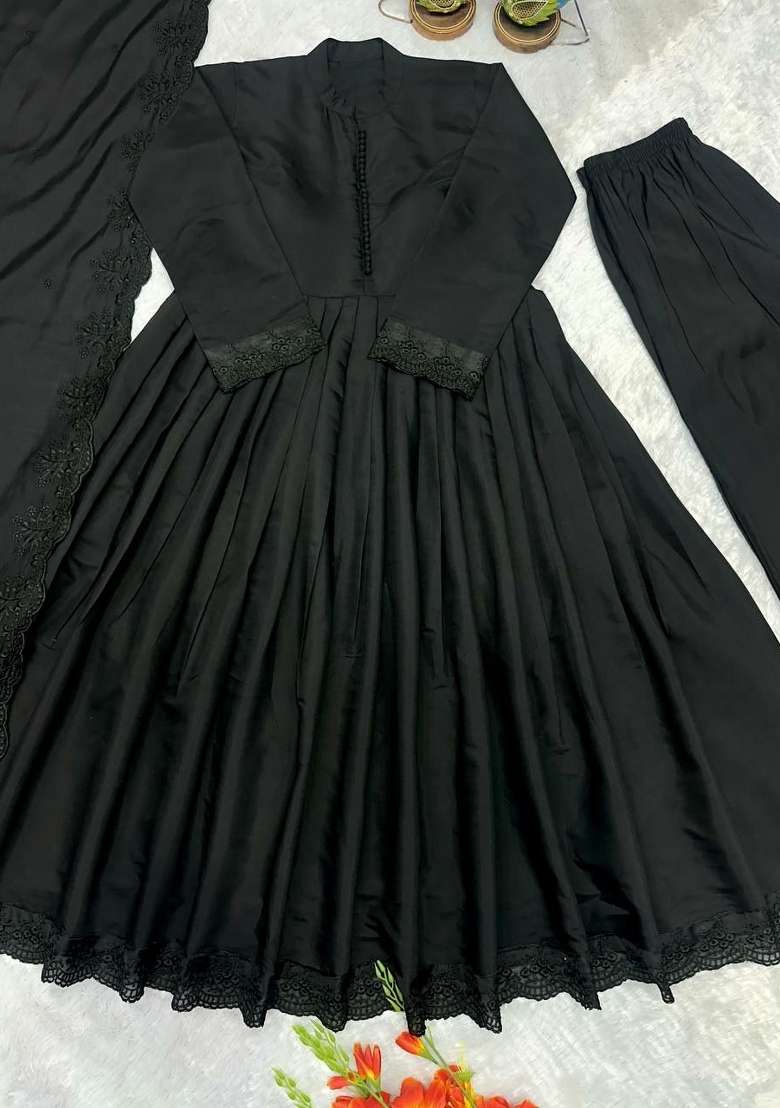 Black Embroidered Silk Anarkali Set - Indya