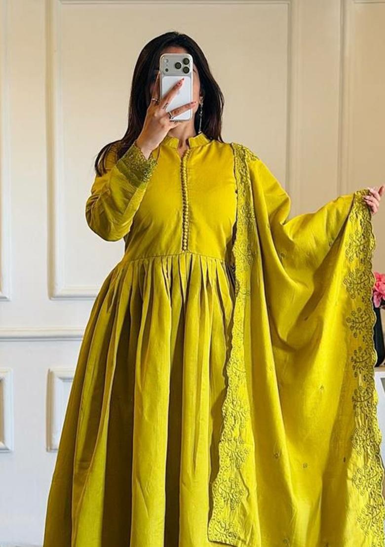 Olive Embroidered Silk Anarkali Set - Indya