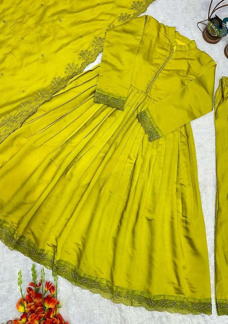 Olive Embroidered Silk Anarkali Set - Indya