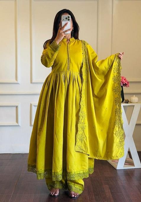 Olive Embroidered Silk Anarkali Set
