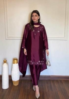 Wine Sequin Work Silk Palazzo Set