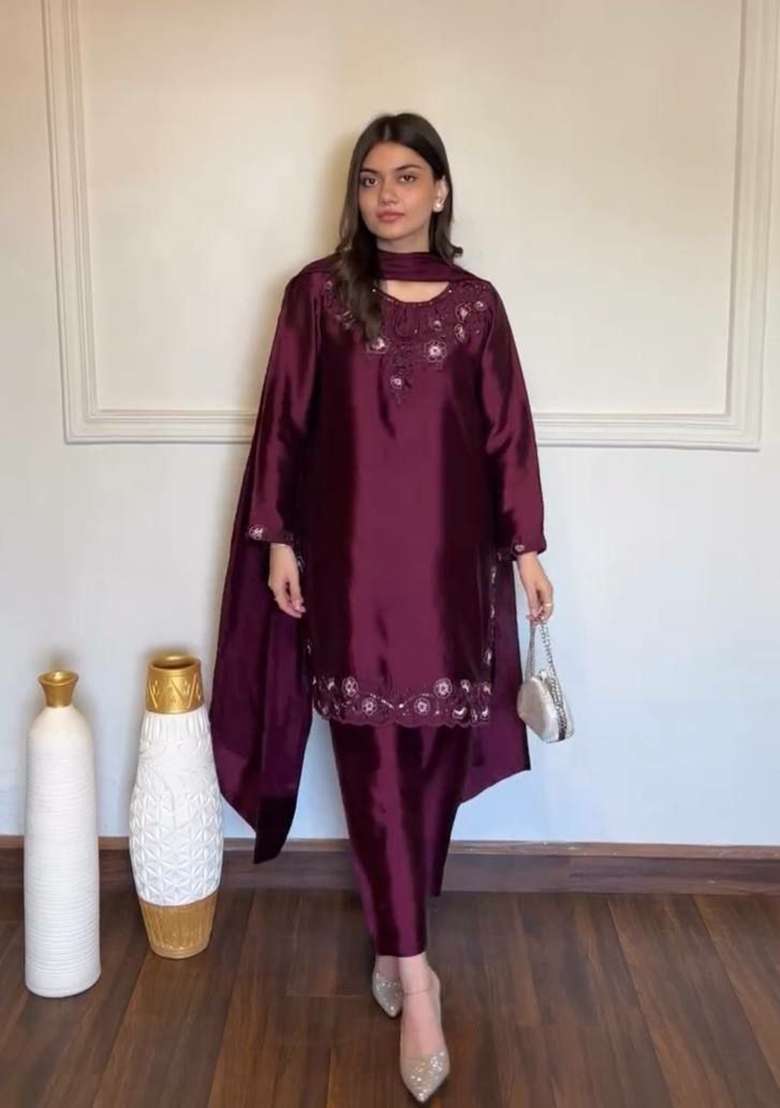 Wine Sequin Work Silk Palazzo Set - Indya