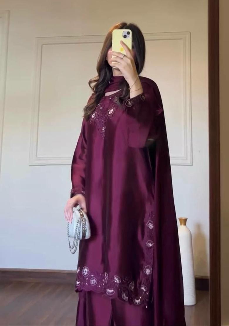 Wine Sequin Work Silk Palazzo Set - Indya