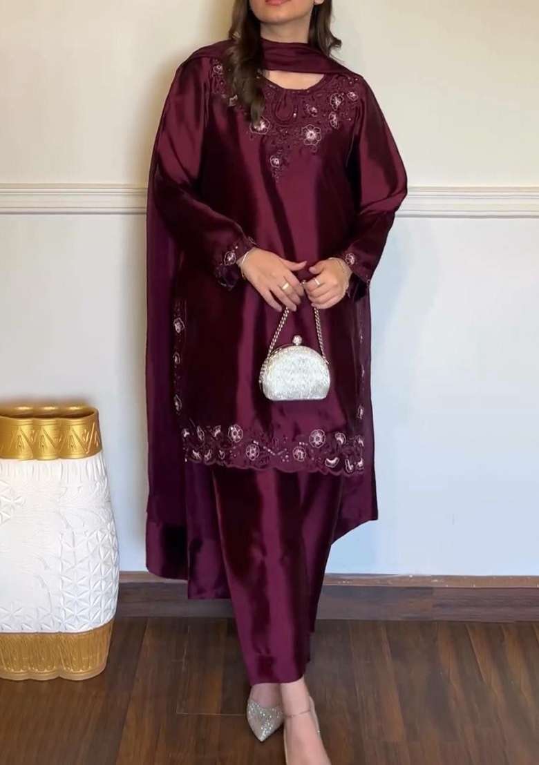 Wine Sequin Work Silk Palazzo Set - Indya