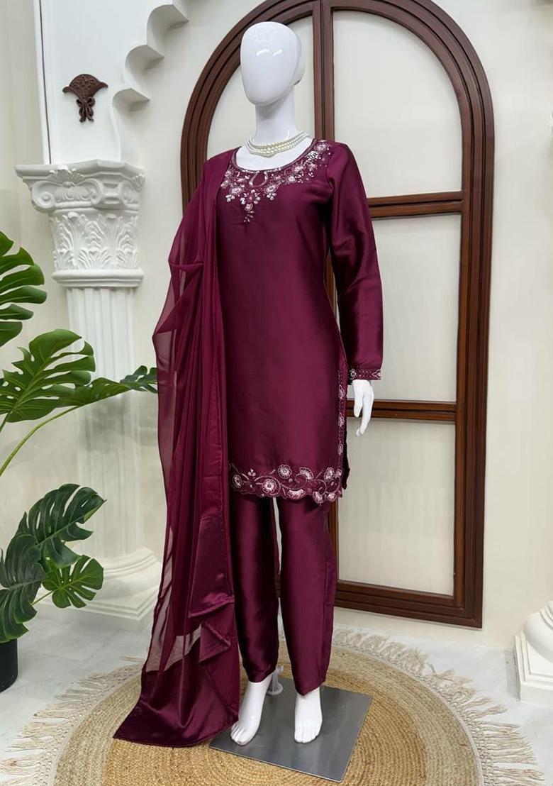 Wine Sequin Work Silk Palazzo Set - Indya