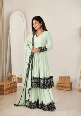 Green Embroidered Georgette Anarkali Set