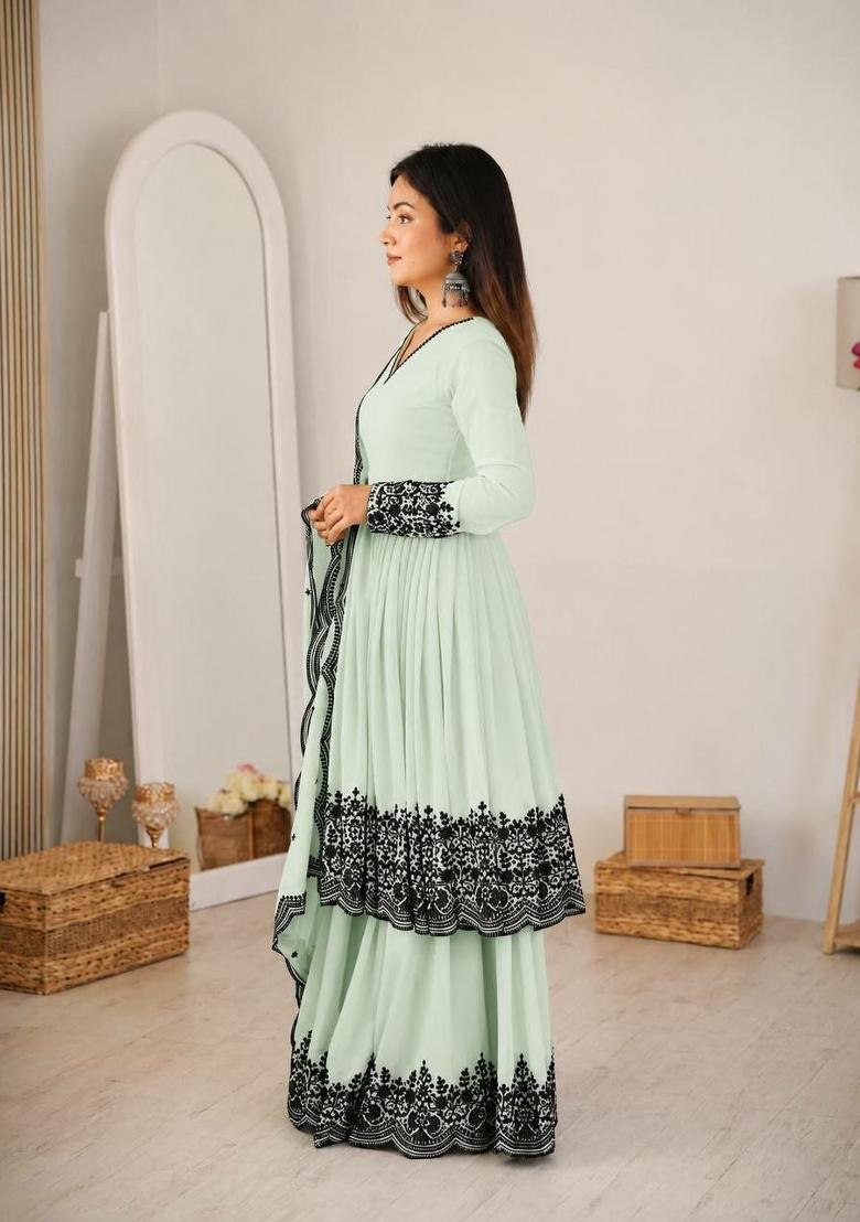 Green Embroidered Georgette Anarkali Set - Indya