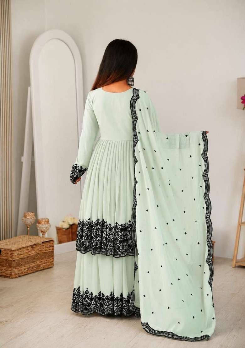 Green Embroidered Georgette Anarkali Set - Indya