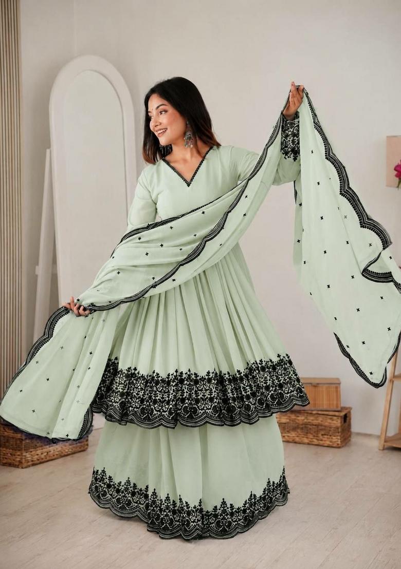 Green Embroidered Georgette Anarkali Set - Indya