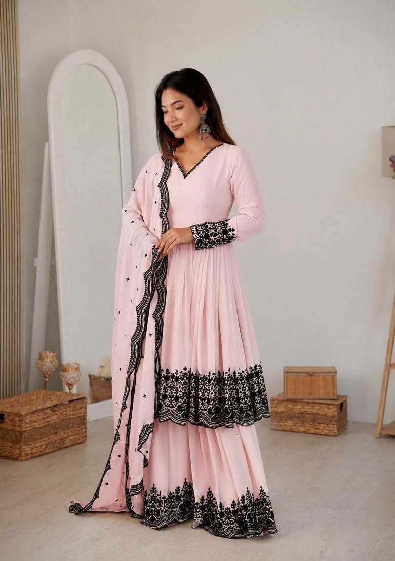 Pink Embroidered Georgette Anarkali Set - Indya