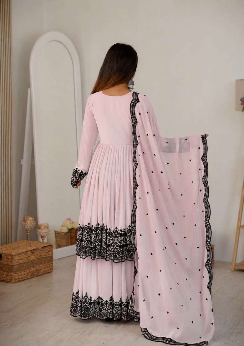 Pink Embroidered Georgette Anarkali Set - Indya