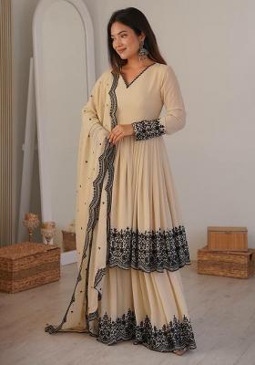 Beige Embroidered Georgette Anarkali Set