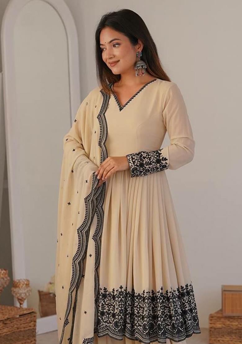 Beige Embroidered Georgette Anarkali Set - Indya