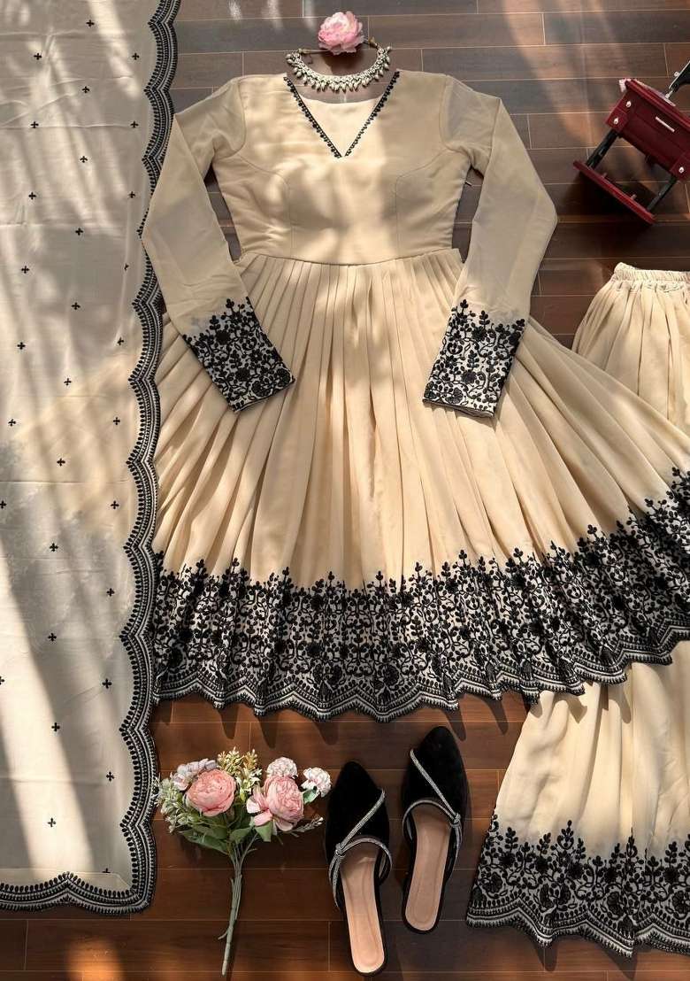 Beige Embroidered Georgette Anarkali Set - Indya