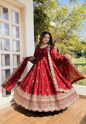 Red Sequin Work Silk Anarkali Set