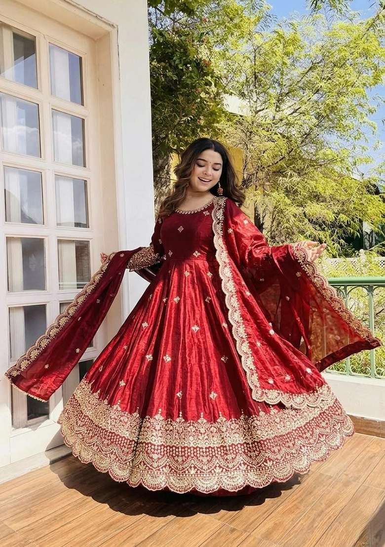 Red Sequin Work Silk Anarkali Set - Indya