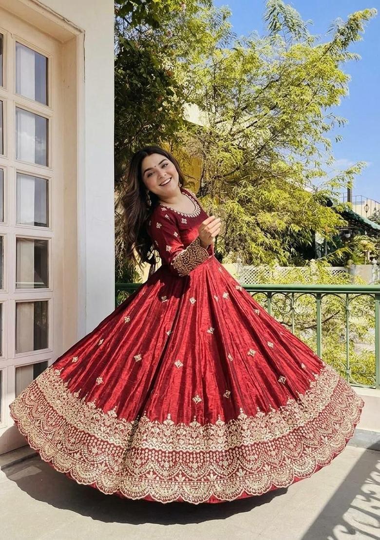 Red Sequin Work Silk Anarkali Set - Indya