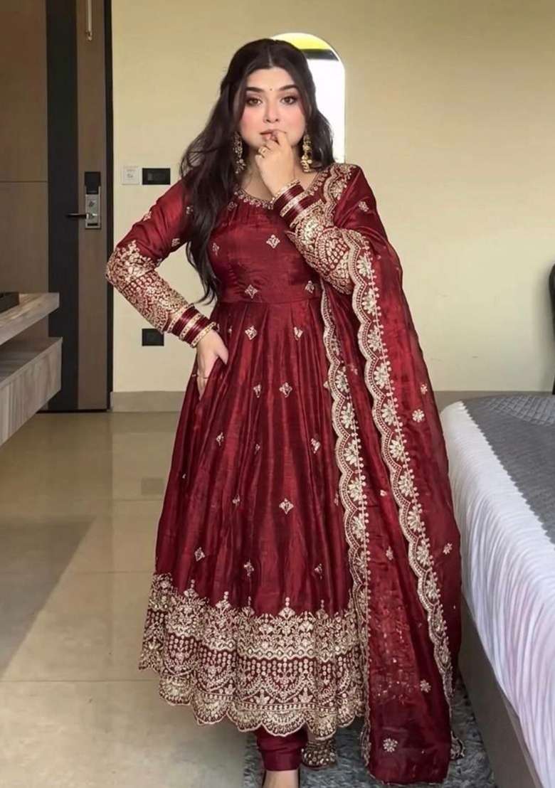 Red Sequin Work Silk Anarkali Set - Indya