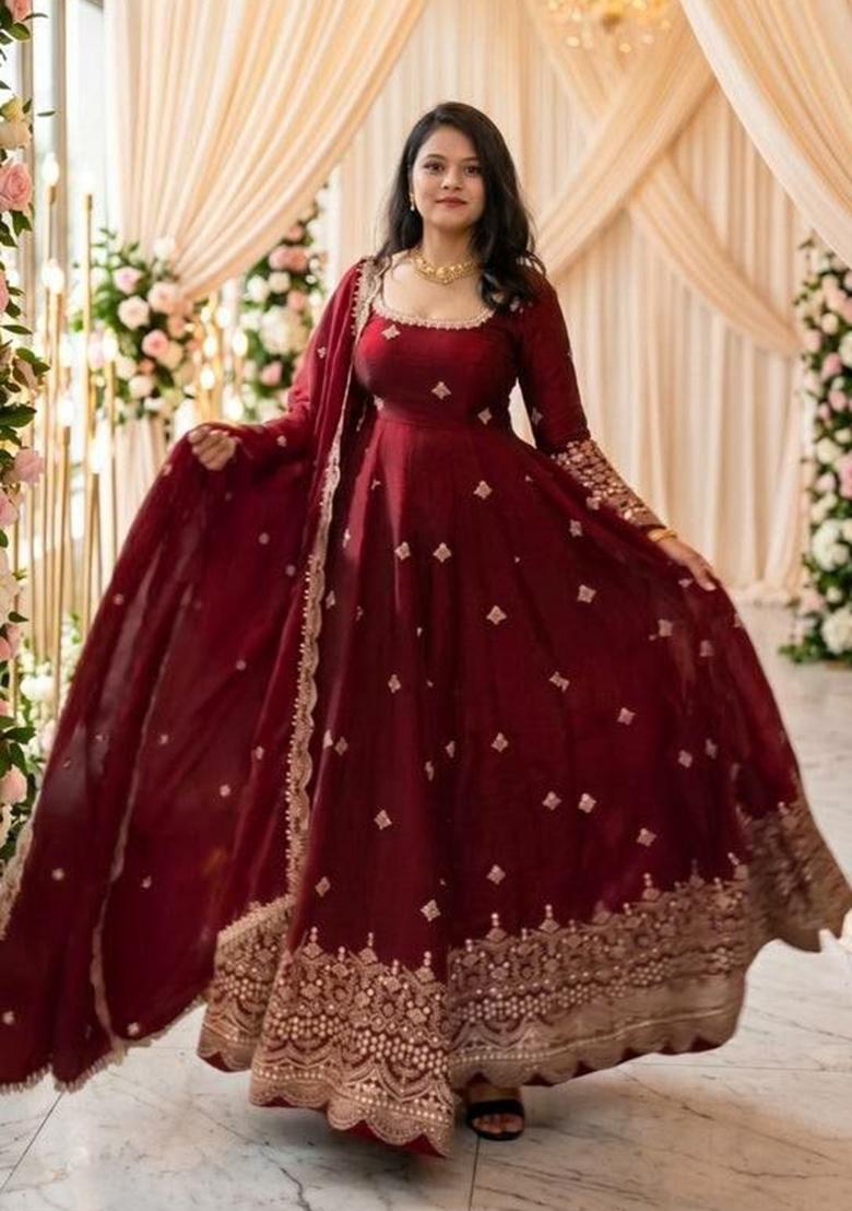 Red Sequin Work Silk Anarkali Set - Indya
